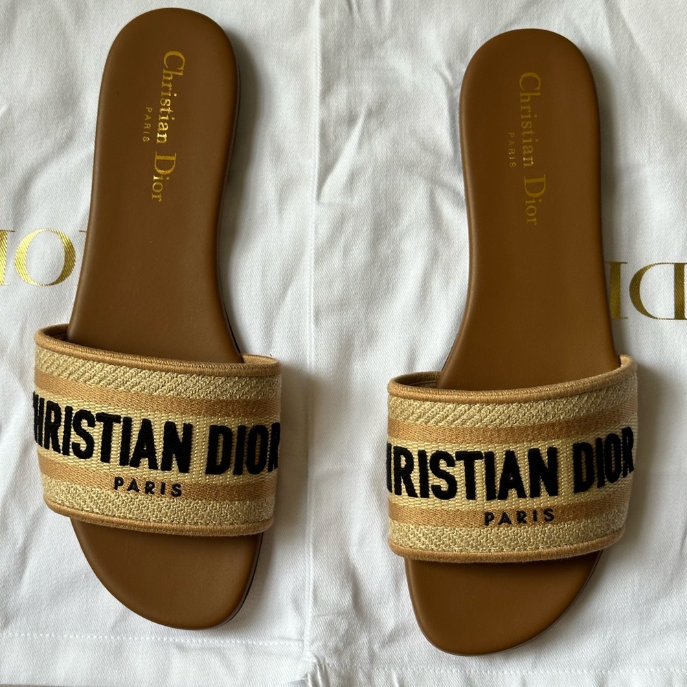 Dior Dway Slide Natural Raffia and Caramel Embroidered Cotton size 38